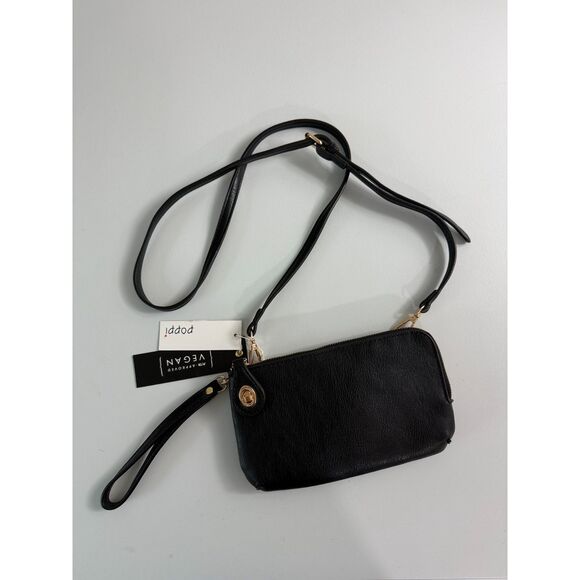 Poppi Black Vegan Wristlet Crossbody Wallet Bag Gold Hardware New With Tags - Picture 1 of 10
